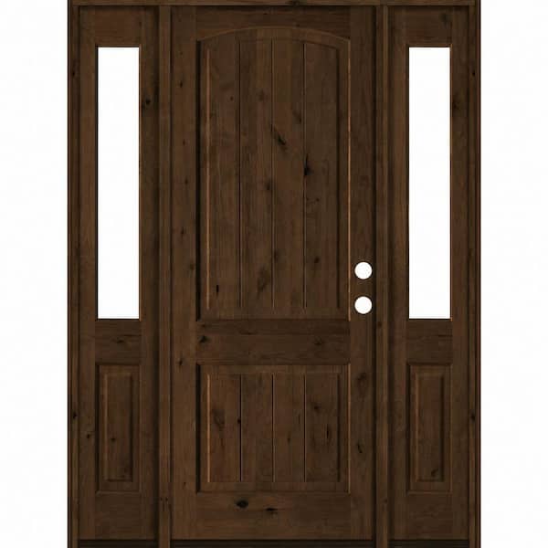 70 in. x 96 in. Knotty Alder Arch Top Left-Hand/Inswing Clear Glass BEHR Espresso Stain Wood Prehung Front Door w/ DHSL