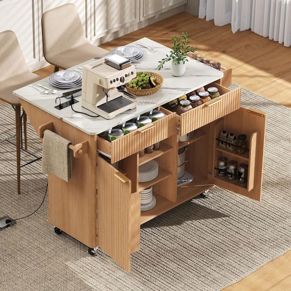 Natural Wood 52 in. W Rolling Kitchen Island with Power Outlet and