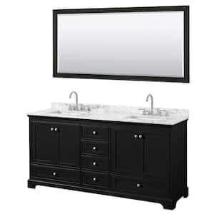 Deborah 72 in. Double Vanity in Dark Espresso with Marble Vanity Top in White Carrara with White Basins and Mirror