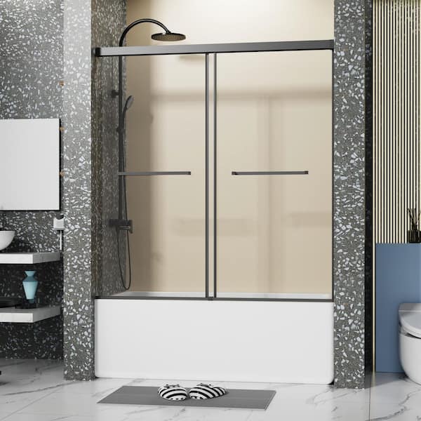 56-60 in. W x 62 in. H Double Sliding Semi Frameless Tub Door in Matte Black with 1/4 in. Clear Tempered Glass