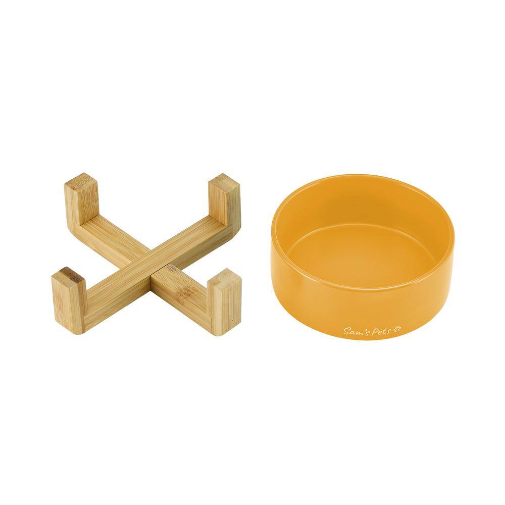 Yellow Ceramic Pet Bowl with Wooden Stand