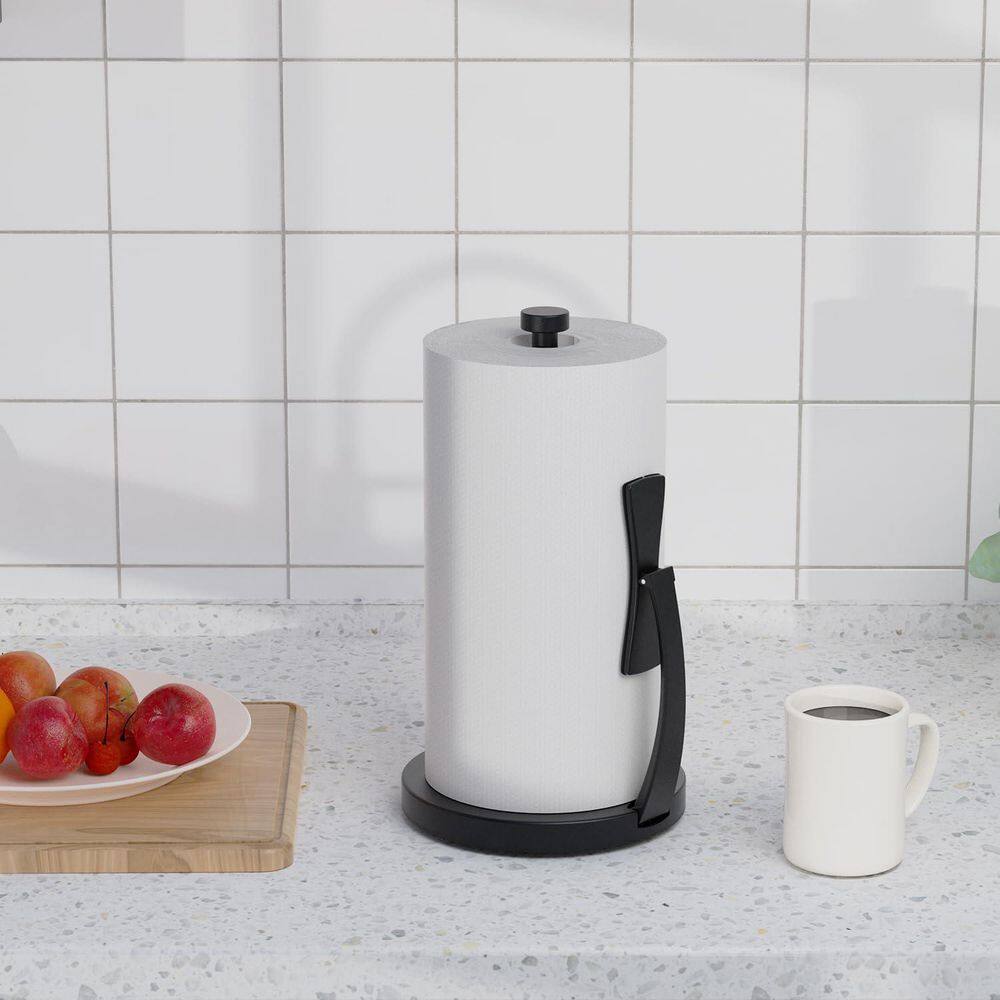 Wudkey 7.09 in. Black Paper Towel Holder with Spring Activated Arm and ...