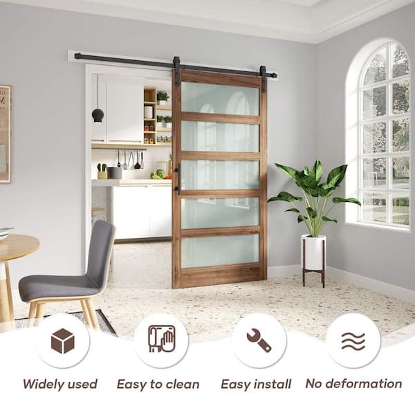 42 in. W. x 84 in. 5 Lite Frosted Glass Brown Finished MDF Sliding Barn Door with Hardware Kit