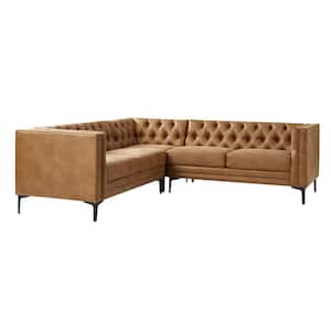 Oskar 90 in. Wide in Square Arm Faux Leather Tufted Upholstered Rectangle Corner Sectional Sofa in Camel