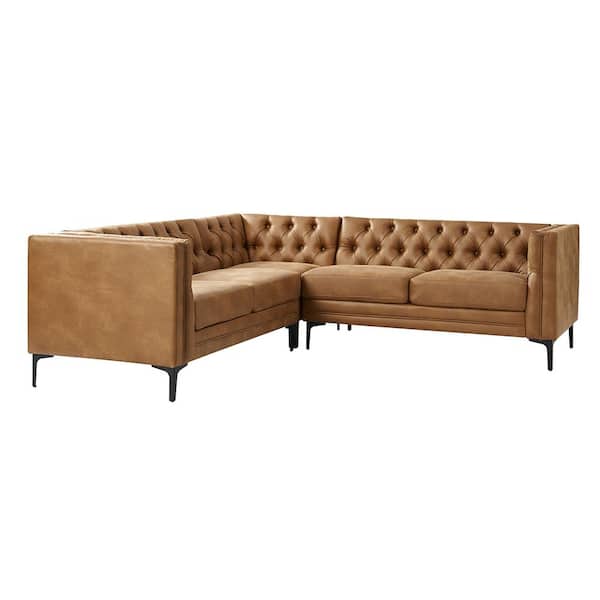 JAYDEN CREATION Oskar 90 in. Wide in Square Arm Faux Leather Tufted Upholstered Rectangle Corner Sectional Sofa in Camel