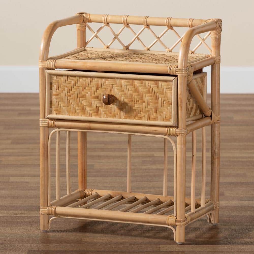 Natural Brown Rattan 1-Drawer Bohemian Night Table