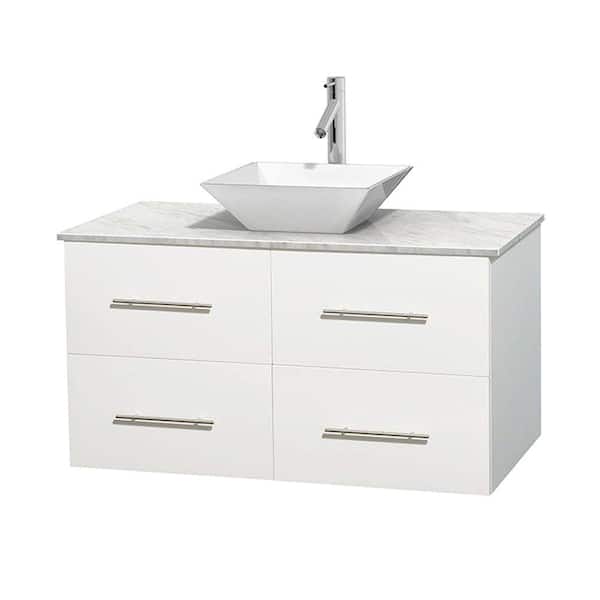 Wyndham Collection Centra 42 in. Vanity in White with Marble Vanity Top in Carrara White and Porcelain Sink