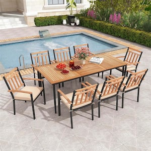 Natural and Black 9-Piece Wood Rectangle Outdoor Dining Set with Cushions