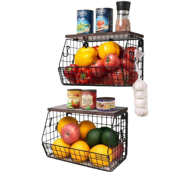 2 Piece Stackable Kitchen Storage Fruit Basket Set with Wood Lid, for Countertop Fruit Veggie Organization in Dark Brown