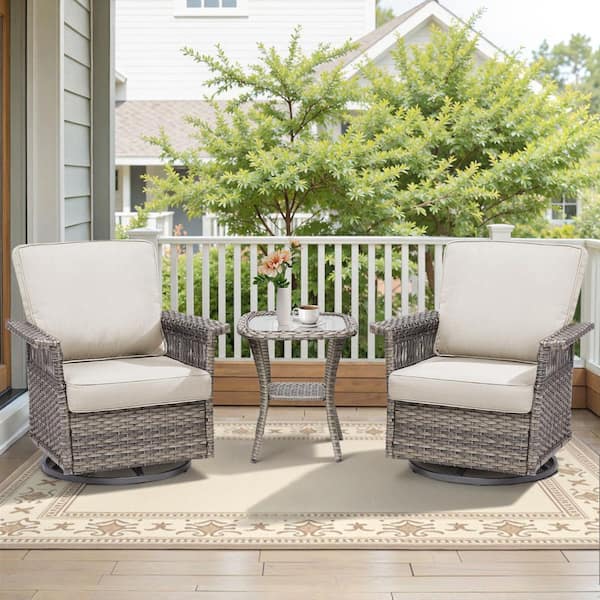 GliderNet Gray 3-Piece Wicker Swivel Rocker Patio Conversation Set with 3.5 in. Thick Beige Cushions and Side Table