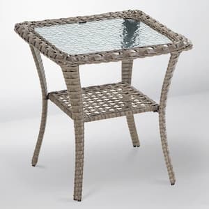 PlainCurve Gray Square Wicker Outdoor Side Table with Tempered Glass Top and Lower Wicker Storage Shelf