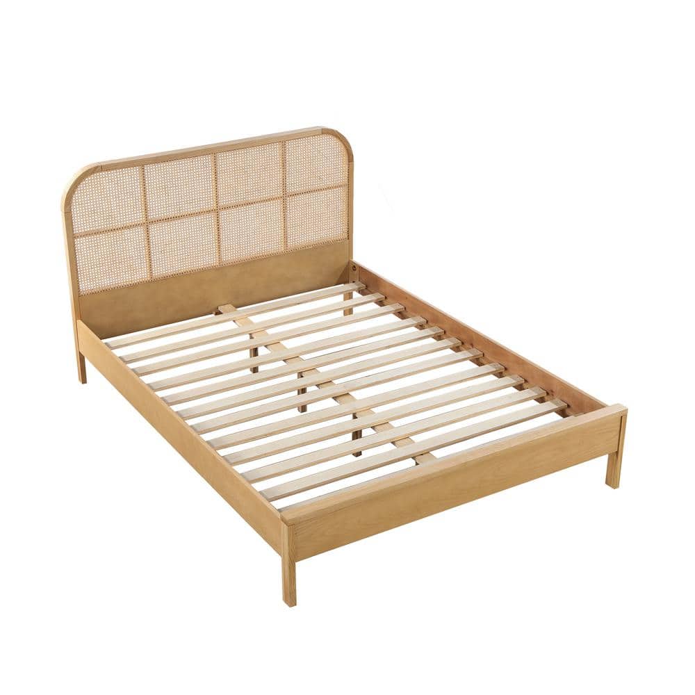 Natural Oak Queen Bed with Rattan Headboard and Storage Drawer