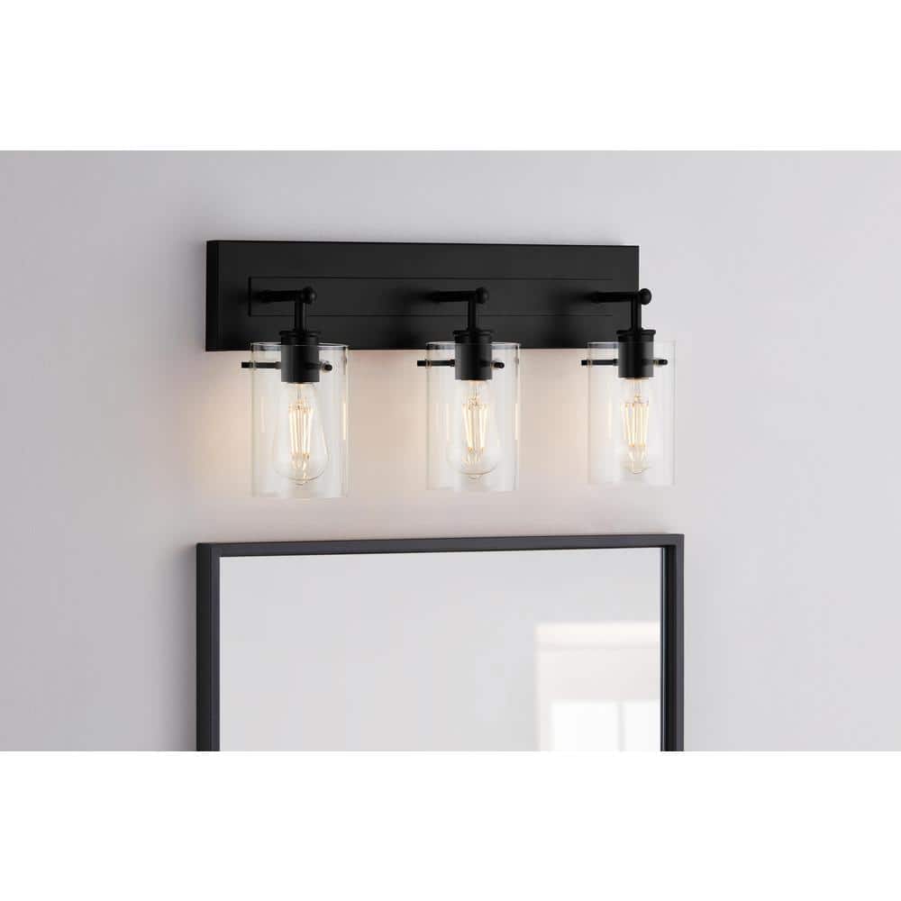 Hampton Bay - Regan 21 in. 3-Light Matte Black Bathroom Vanity Light with Clear Glass Shades
