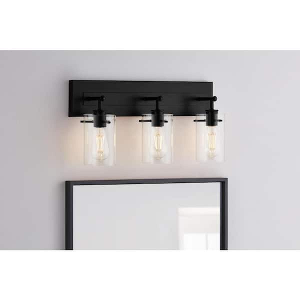 Hampton Bay Regan 21 in. 3-Light Matte Black Bathroom Vanity Light with Clear Glass Shades