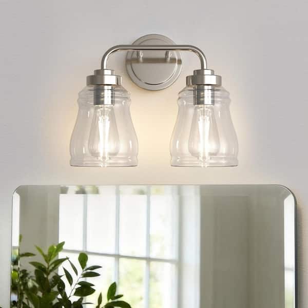 13 in. 2-Light Modern Nickel Bell Vanity Light Bathroom Fixture with Clear Glass Shade for Bathroom Mirror or Dressing