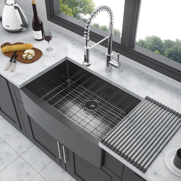 UPIKER Gunmetal Black 16 G Stainless Steel 36 in. Single Bowl Farmhouse Apron Workstation Kitchen Sink with Drainboard and Grid