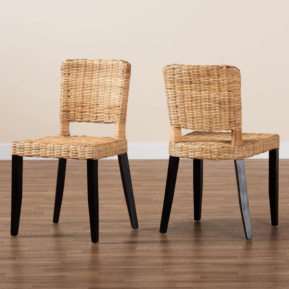 Dermot Dark Brown Wood and Natural Rattan Dining Chair Set