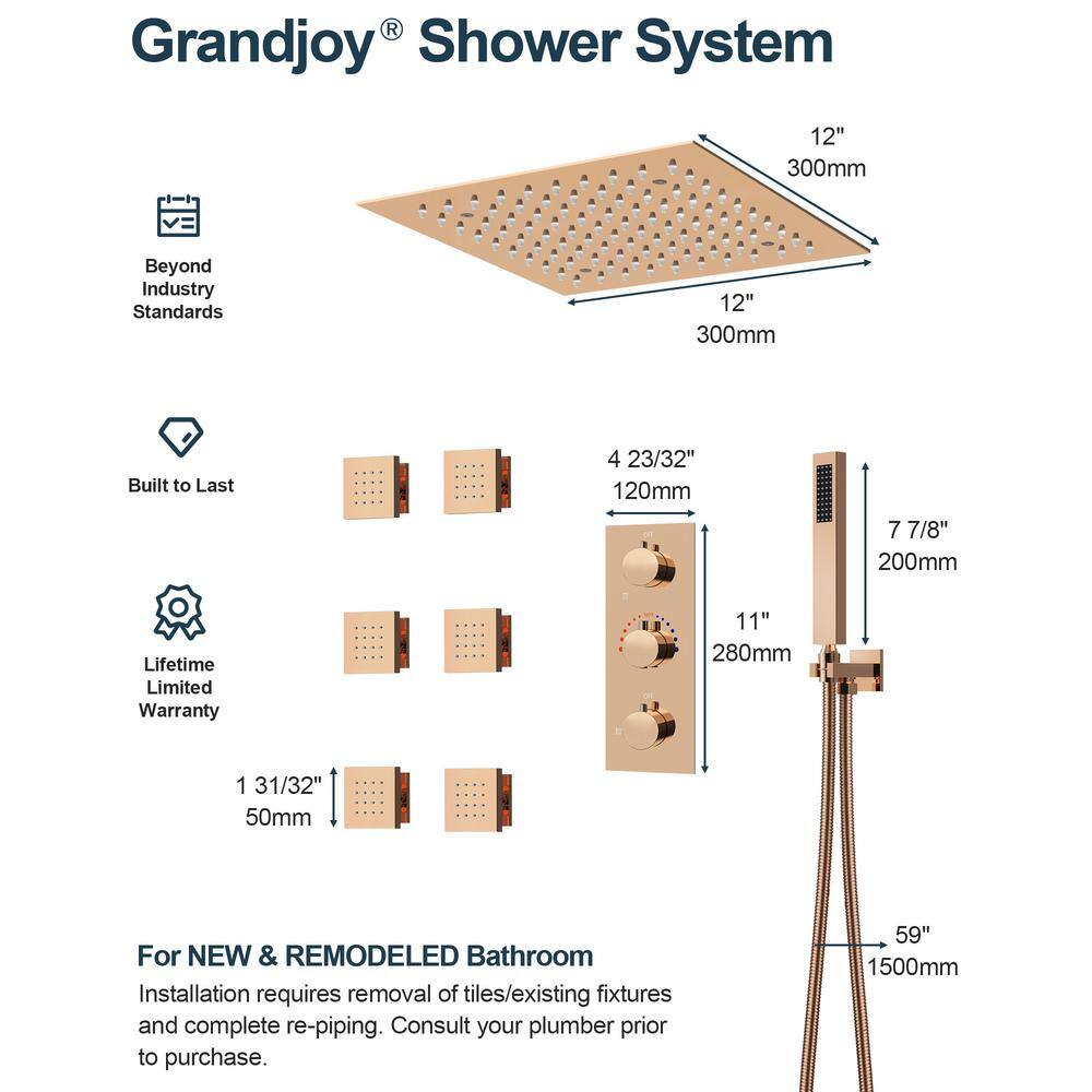 Grandjoy Rose Gold LED Ceiling Mount Shower System with Handheld and Jets