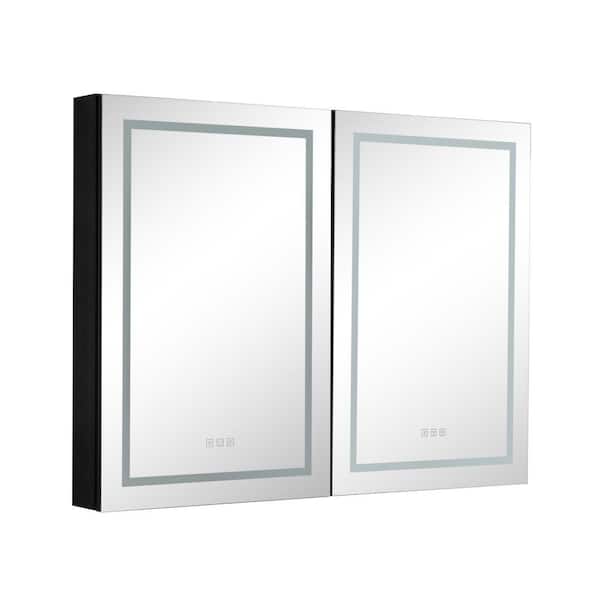 ANGELES HOME 48 in. W x 36 in. H Rectangular Black Aluminum Surface Mount LED Medicine Cabinet with Mirror, Double Doors
