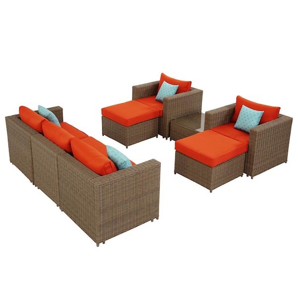 Direct Wicker Jelly Brown 8 Piece Resin Patio Seating Set With Orange Cushions Frq002 Or The Home Depot Direct Wicker Jelly Brown 8 Piece Resin, Vinyl Wicker Patio Chairs