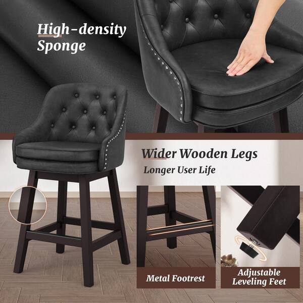 cozyman 26 in. Black Faux Leather Swivel Barstool Solid Wood