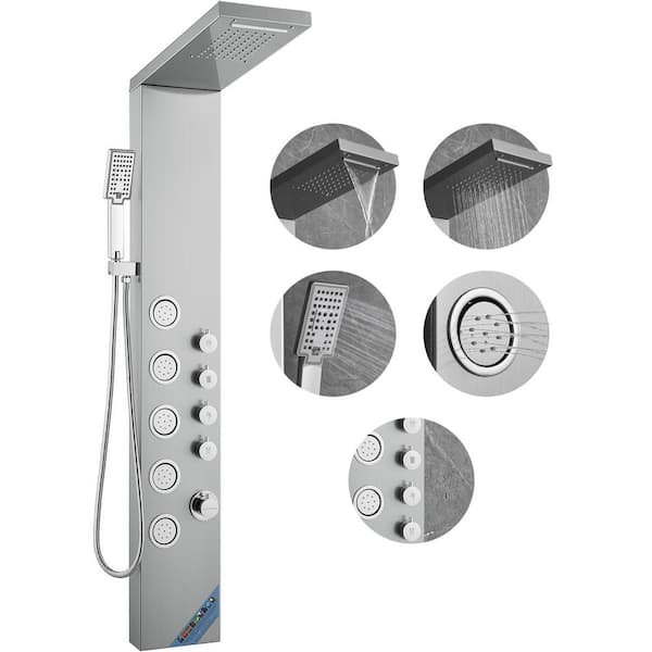 VEVOR Sliver Shower Panel System 4 Shower Modes Shower Panel Tower Rainfall Waterfall 5 Full Body Massage Jets 3-Setting