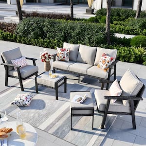 Walden Grey 5-Piece Wicker Metal Outdoor Patio Conversation Sofa Seating Set with Beige Cushions