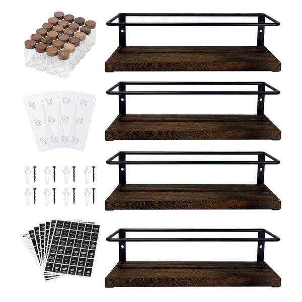 4-Pack Black Metal Wood Wall Mount Spice Rack Organizer w/ 24 Glass Jars & 216 Labels for Kitchen Pantry Cabinet