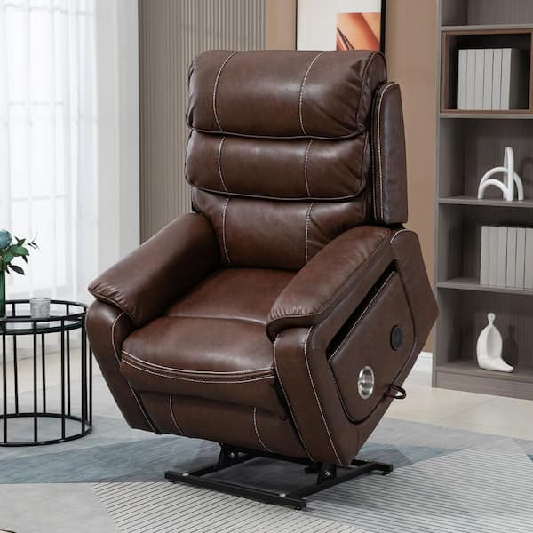 Dual Motor Extra Wide Brown Technical Leather Power Lift Recliner Chair with Heat, Massage, Tray and Wireless Charging