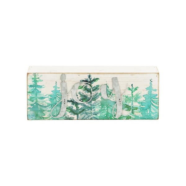 3.5 in. White Green Wood Christmas Tabletop Sign with Galvanized Metal Letters - Joy