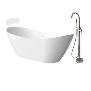 Skylar Grande 67 in. x 30.75 in. Soaking Bathtub with Center Drain in Gloss White/Brushed Nickel with Faucet and Pillow