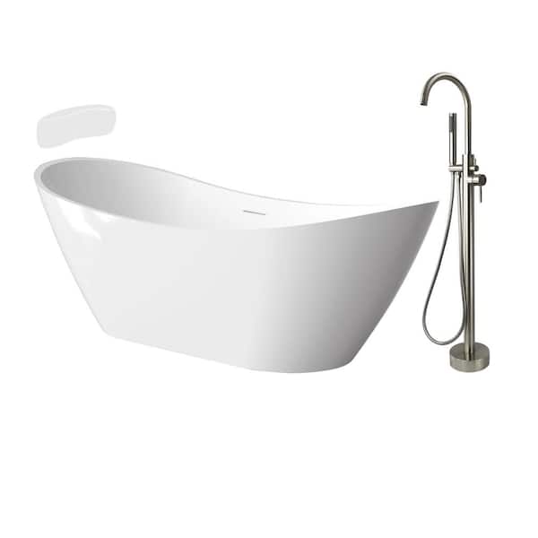 Transolid Skylar Grande 67 in. x 30.75 in. Soaking Bathtub with Center Drain in Gloss White/Brushed Nickel with Faucet and Pillow