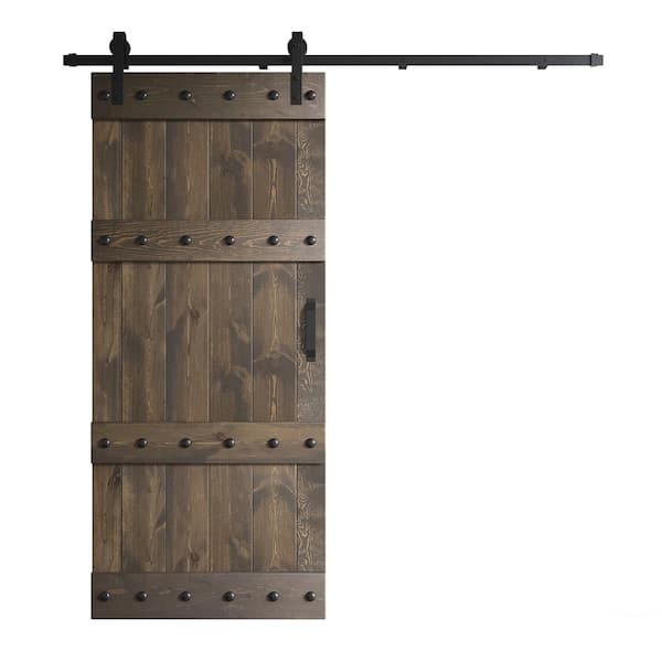 Castle Series 36 in. x 84 in. Smoky Gray DIY Knotty Pine Wood Sliding Barn Door with Hardware Kit