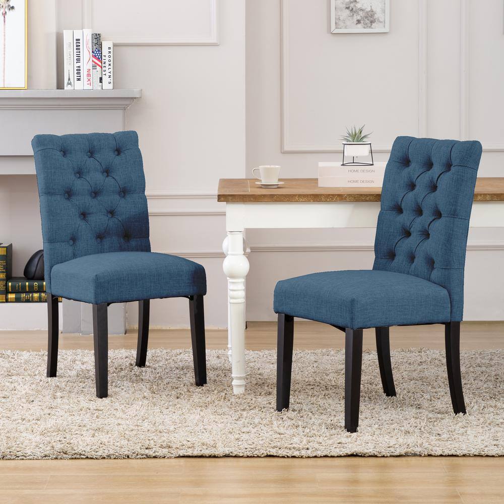 Blue Linen Upholstered Button Tufted Parsons Side Chair Set