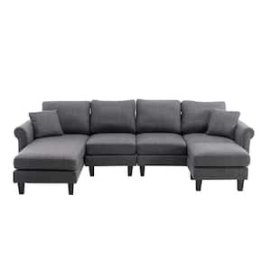 108 in. W Fabric Seat 2-Arms 4-Piece L-Shaped Sectional Sofa in Charcoal Gray with Removable Ottoman and Wood Legs