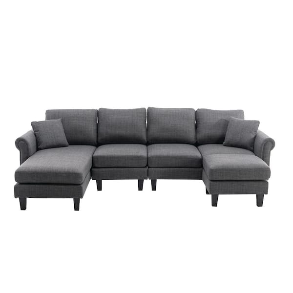 HOMEFUN 108 in. W Fabric Seat 2-Arms 4-Piece L-Shaped Sectional Sofa in Charcoal Gray with Removable Ottoman and Wood Legs
