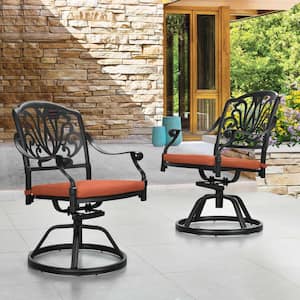Black Swivel Aluminum Patio Outdoor Dining Chair with Waterproof Red Cushion (2-Pack)