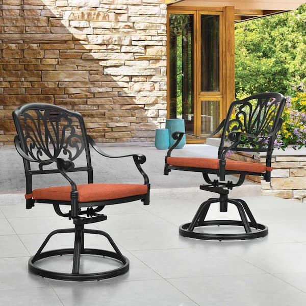 DEXTRUS Black Swivel Aluminum Patio Outdoor Dining Chair with Waterproof Red Cushion (2-Pack)