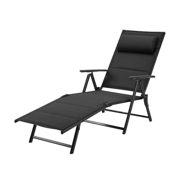 Sudzendf Black Metal Folding Outdoor Chaise Lounge Chair with 7-Position