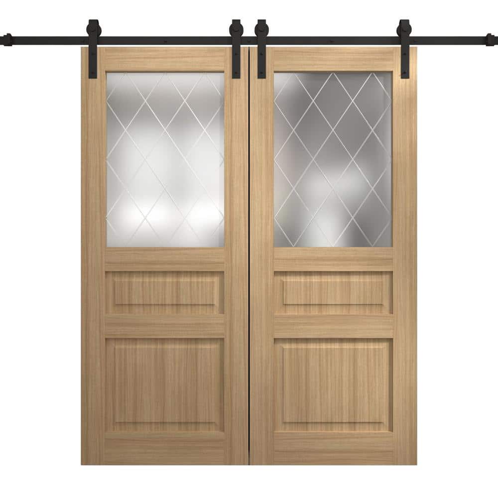 Assemble Required 56 in. x 96 in. Frosted Glass Natural Oak Solid Wood Double Barn Door Slab With Hardware price history on PriceWatchPro