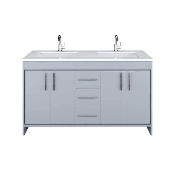 VOLPA USA AMERICAN CRAFTED VANITIES Capri 60 in. W x 22 in. D Bathroom Vanity in Gray with Microstone Vanity Top in White with White Basins