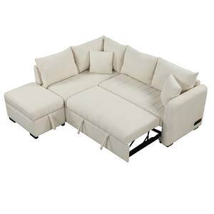 82.6 in. Beige Twin Size Pull Out Sofa Bed L-shaped Sectional Sofa with 2 USB Ports, 2 Power Sockets and Storage Ottoman