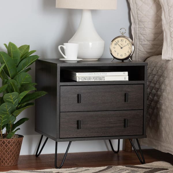 Baxton Studio Glover 2 Drawer Dark Brown and Black Nightstand 21.7