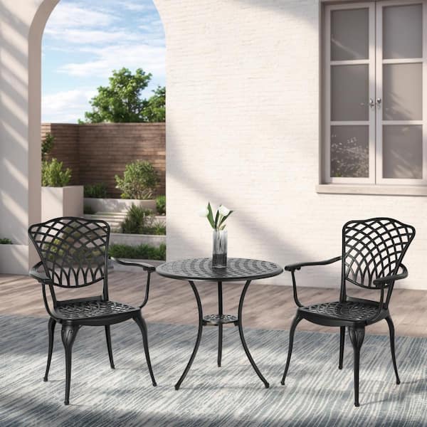 Tenleaf Black 3-Piece Rust-Resistant Aluminum Outdoor Bistro Set Dining Set with Umbrella Hole