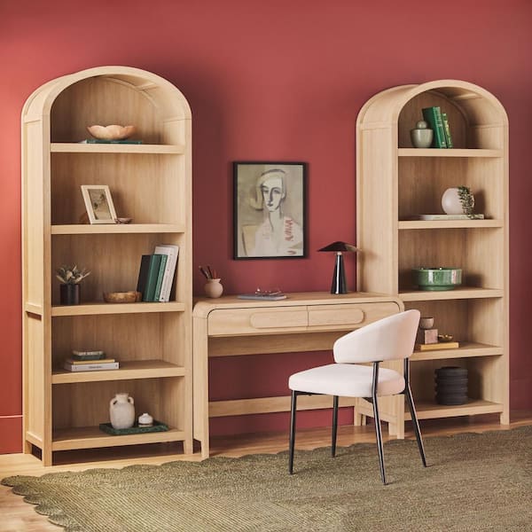Walker Edison Furniture Company 3-Piece Modern 38 in. Waterfall Coastal Oak Writing Desk with Pull Drawers and 2 76 in. Curved 5-Shelf Open Bookcases