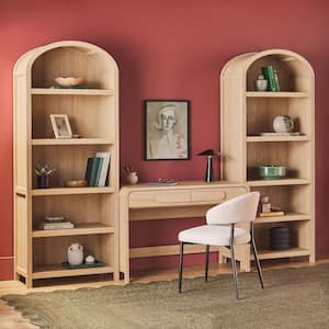 3-Piece Modern 38 in. Waterfall Coastal Oak Writing Desk with Pull Drawers and 2 76 in. Curved 5-Shelf Open Bookcases