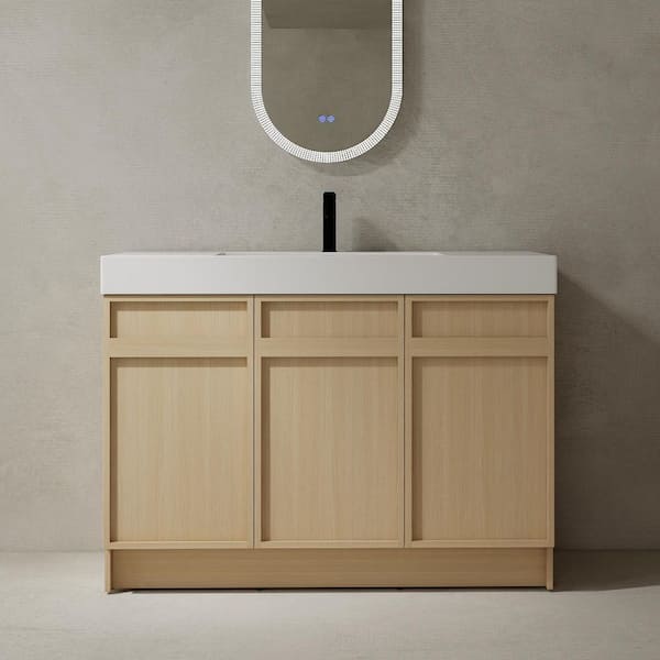 48 in. Single Sink Freestanding Oak Bath Vanity with White Resin Top, Adjustable Shelf, 3 Soft-Close Cabinet Doors
