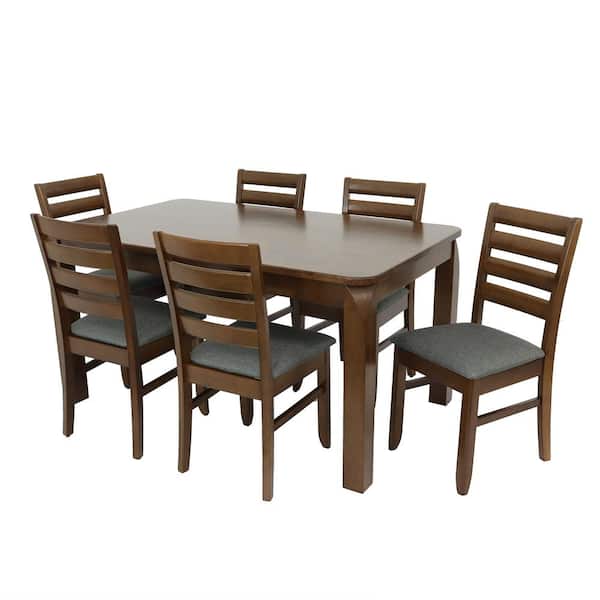 Sunnydaze Dorian 7-Piece Dining Table and Side Chair Set - Dark Walnut with Gray Cushions
