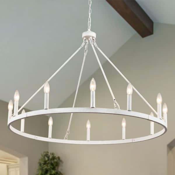 LWYTJO Moomal 12-Light White Farmhouse Candle Dimmable Wagon Wheel Chandelier for Living Room Kitchen Island Dining Foyer