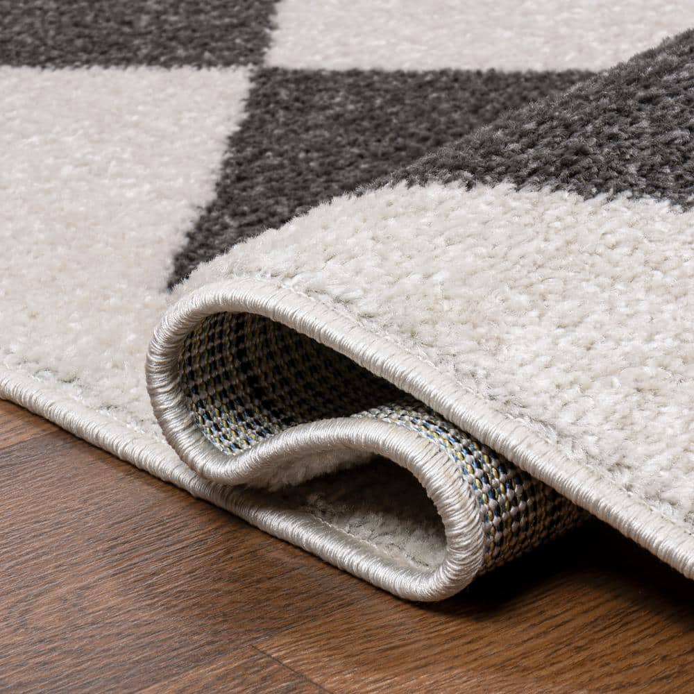White and Dark Gray Geometric Synthetic Runner Rug, 2 x 8 ft.